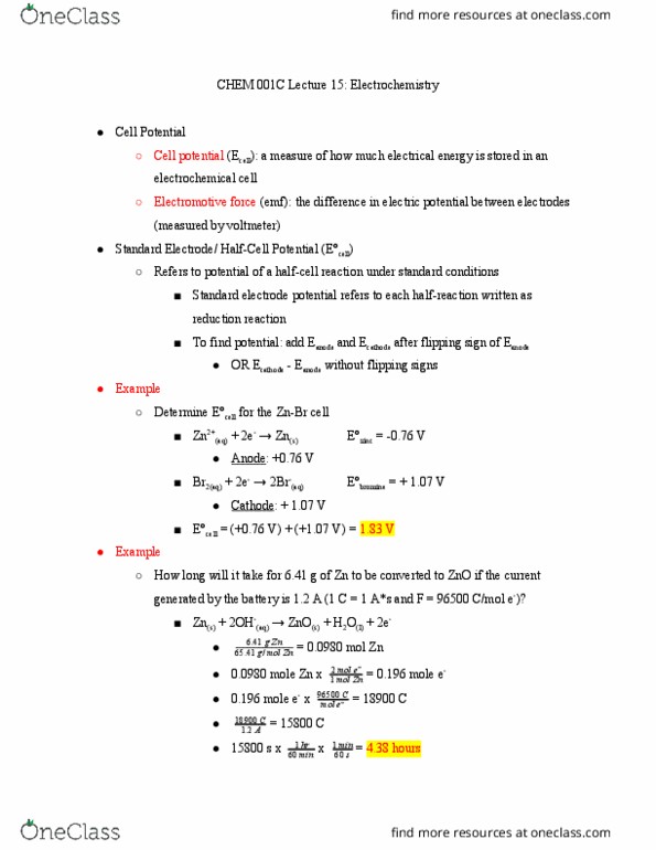 CHEM 001C Lecture Notes - Lecture 15: Standard Electrode Potential, Electromotive Force, Membrane Potential thumbnail