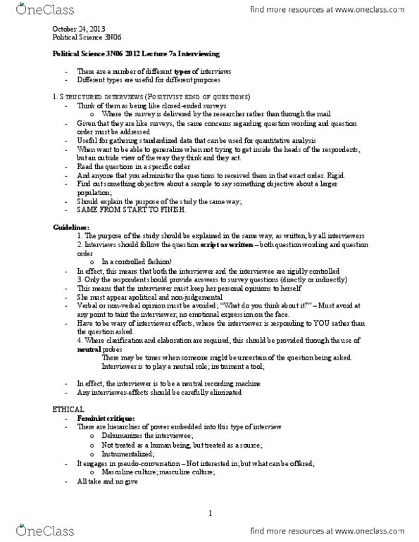 POLSCI 3N06 Lecture Notes - Structured Interview, Start To Finish, Social Exclusion thumbnail