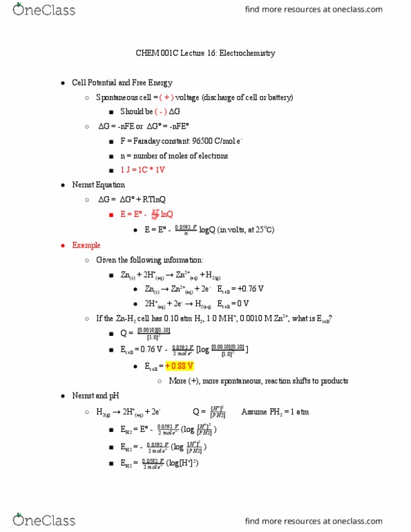 CHEM 001C Lecture Notes - Lecture 16: Nernst Equation, Faraday Constant, Electrochemistry thumbnail