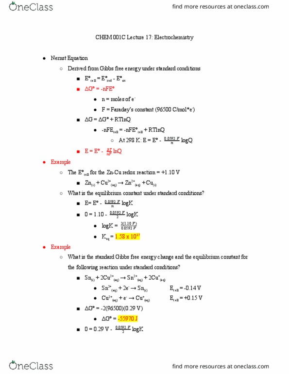 CHEM 001C Lecture Notes - Lecture 17: Gibbs Free Energy, Nernst Equation, Redox thumbnail