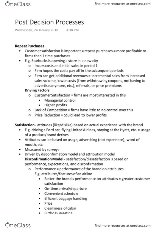 MRKT 452 Lecture Notes - Lecture 15: Customer Satisfaction, Starbucks, Sunk Costs thumbnail