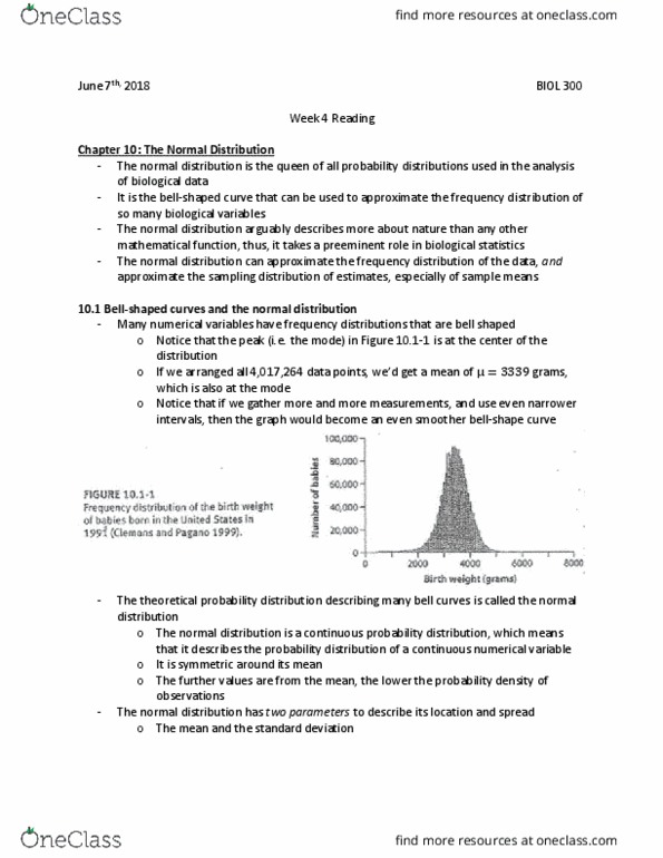 BIOL 300 Chapter Notes - Chapter 10: Probability Distribution, Standard Normal Deviate, Biostatistics thumbnail