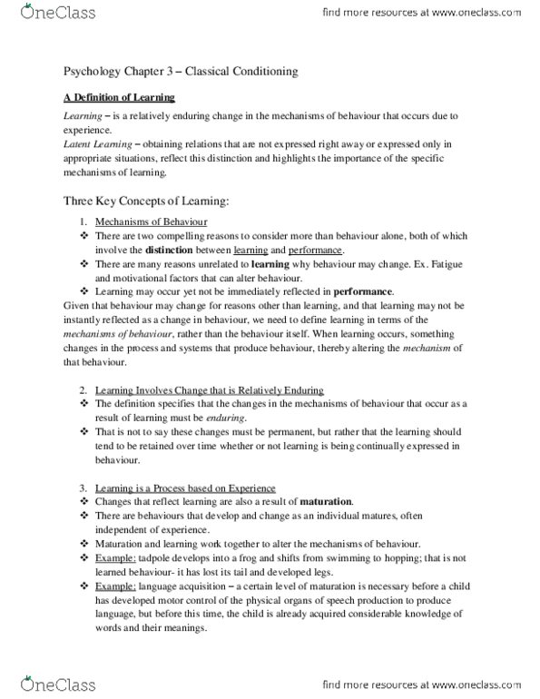 PSYCH 1X03 Chapter Notes -Classical Conditioning, Habituation, Dishabituation thumbnail