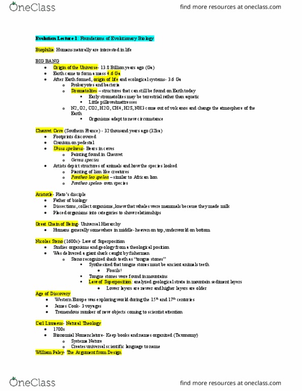 BIOLOGY 1B Lecture Notes - Lecture 1: Cave Bear, Nicolas Steno, Chauvet Cave thumbnail