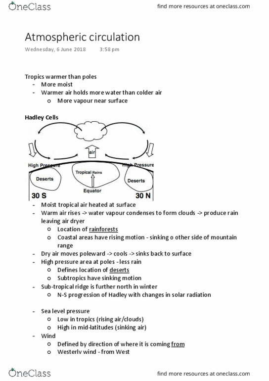 EVSC10001 Lecture Notes - Lecture 15: Atmospheric Pressure, Atmospheric Circulation, Subtropical Ridge thumbnail