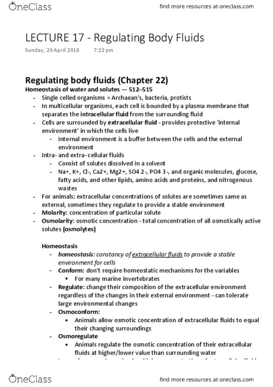 BIOL10004 Chapter Regulating Body Fluids: LECTURE 17 - Regulating Body Fluids thumbnail
