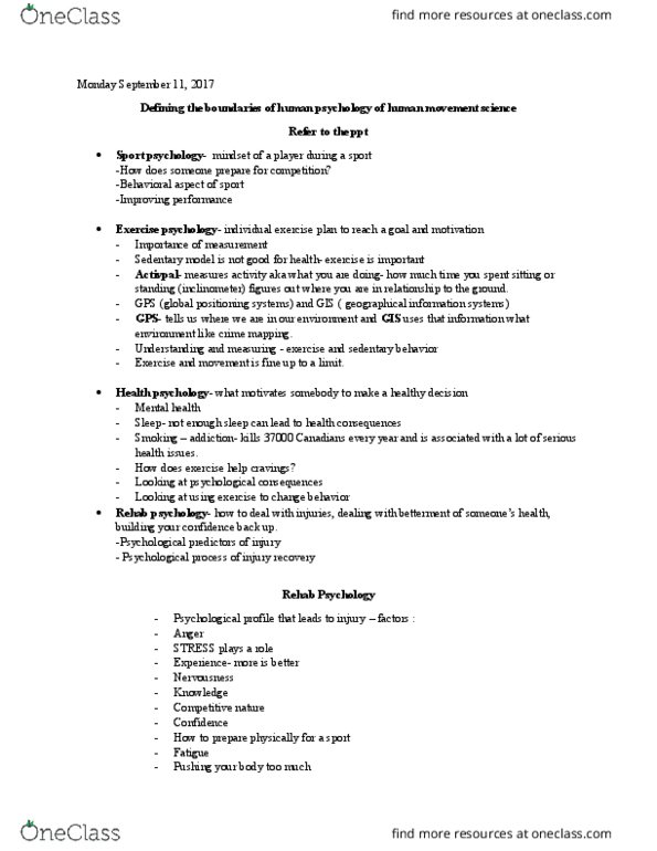 Kinesiology 1070A/B Lecture Notes - Lecture 1: Inclinometer, Crime Mapping, Sport Psychology thumbnail