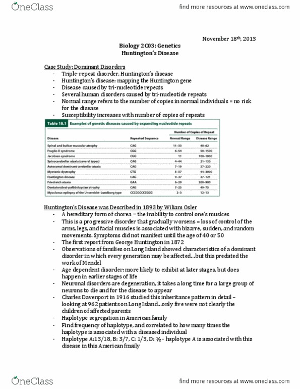 BIOLOGY 2C03 Lecture Notes - Trinucleotide Repeat Disorder, Hindiii, Haplotype thumbnail