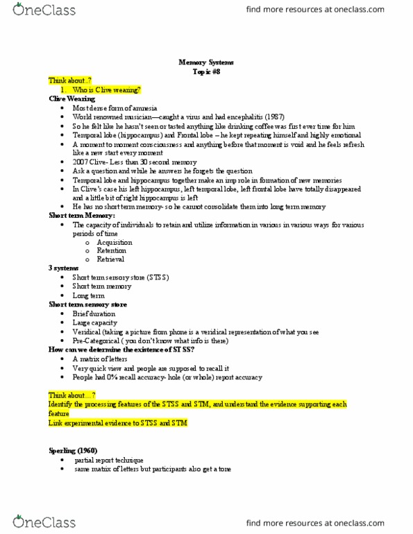 Kinesiology 1080A/B Lecture Notes - Lecture 9: Clive Wearing, Frontal Lobe, Temporal Lobe thumbnail