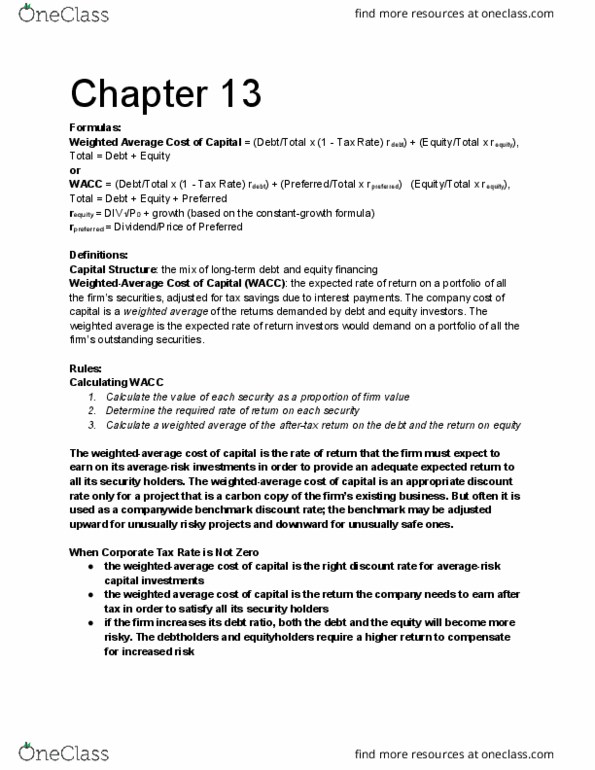 MFIN1021 Chapter Notes - Chapter 13: Weighted Arithmetic Mean, Capital Structure thumbnail