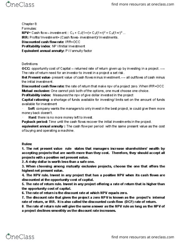 MFIN1021 Chapter Notes - Chapter 8: Cash Flow, Net Present Value, Payback Period thumbnail