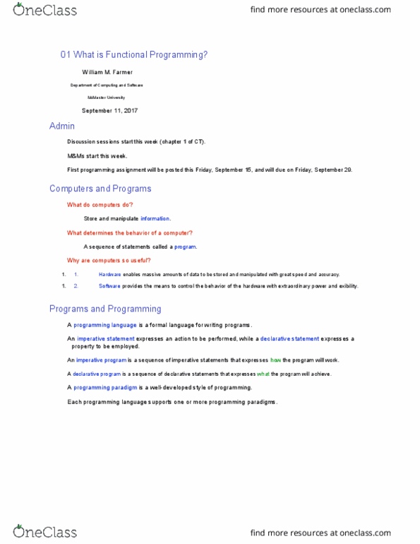 COMPSCI 1JC3 Lecture Notes - Lecture 1: Programming Paradigm, Imperative Programming, Functional Programming thumbnail