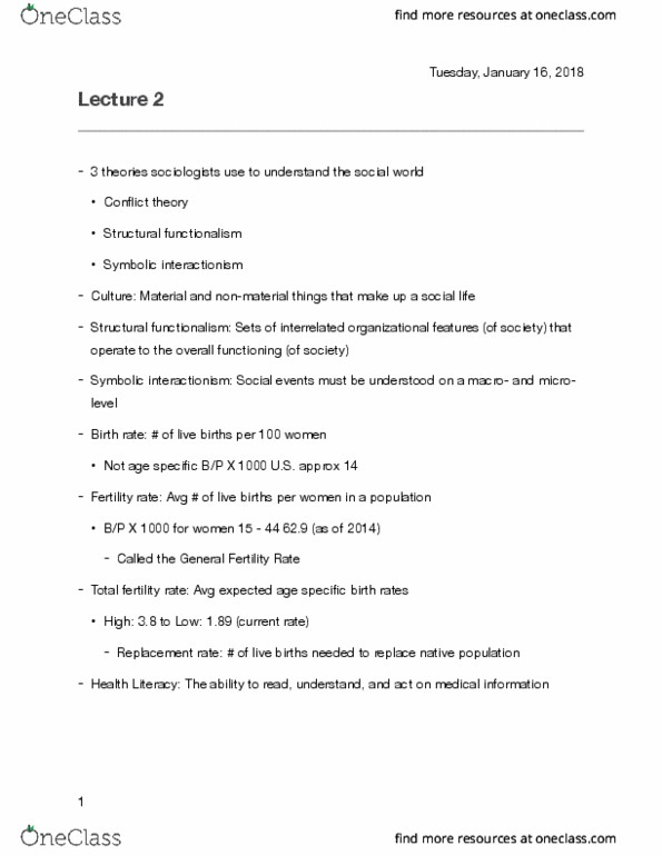 SYO 4400 Lecture Notes - Lecture 2: Total Fertility Rate, Symbolic Interactionism, Structural Functionalism thumbnail