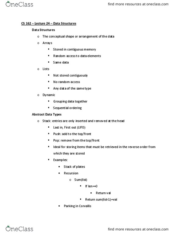 CS 162 Lecture Notes - Lecture 24: Binary Tree, Linked List, Nerf thumbnail