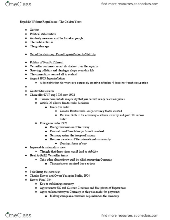 HISTORY 322 Lecture Notes - Lecture 6: Dawes Plan, German Rentenmark, Hyperinflation thumbnail