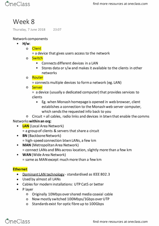 FIT1047 Lecture Notes - Lecture 8: Wide Area Network, Local Area Network, Optical Fiber thumbnail