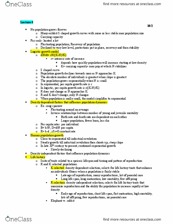 BIOLOGY 1B Lecture Notes - Lecture 4: Exponential Growth, Song Sparrow, Logistic Function thumbnail