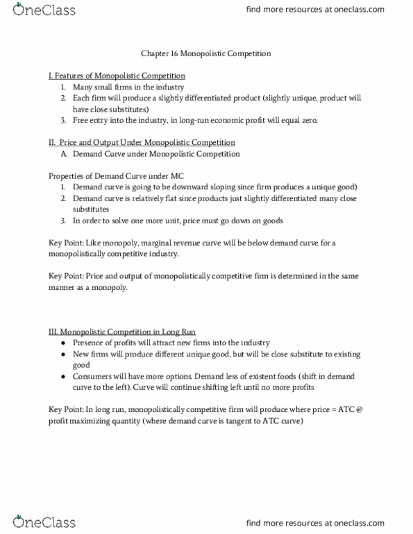 ECON 001 Lecture Notes - Lecture 13: Monopolistic Competition, Demand Curve, Marginal Revenue thumbnail