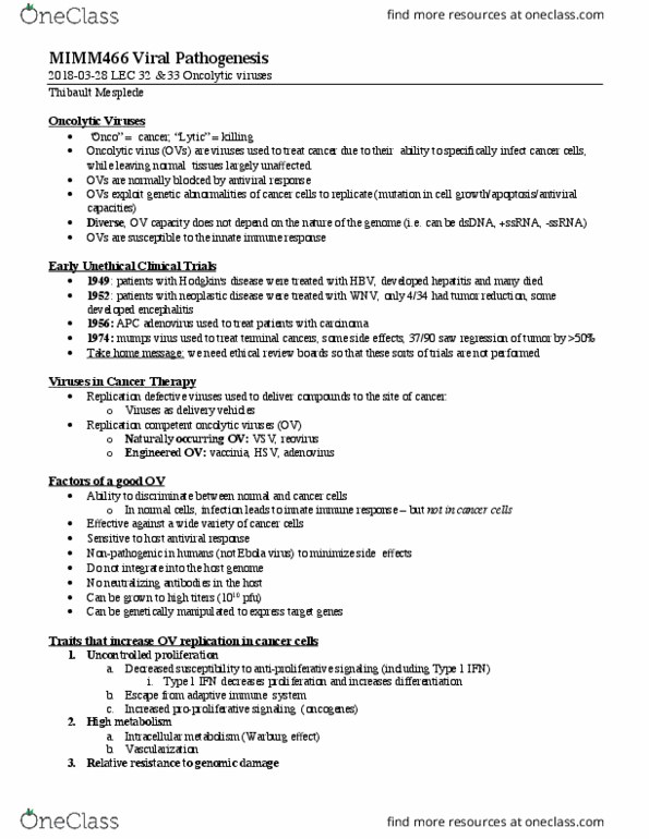 ORGB 423 Lecture Notes - Lecture 15: Oncolytic Virus, Vaccinia, Innate Immune System thumbnail