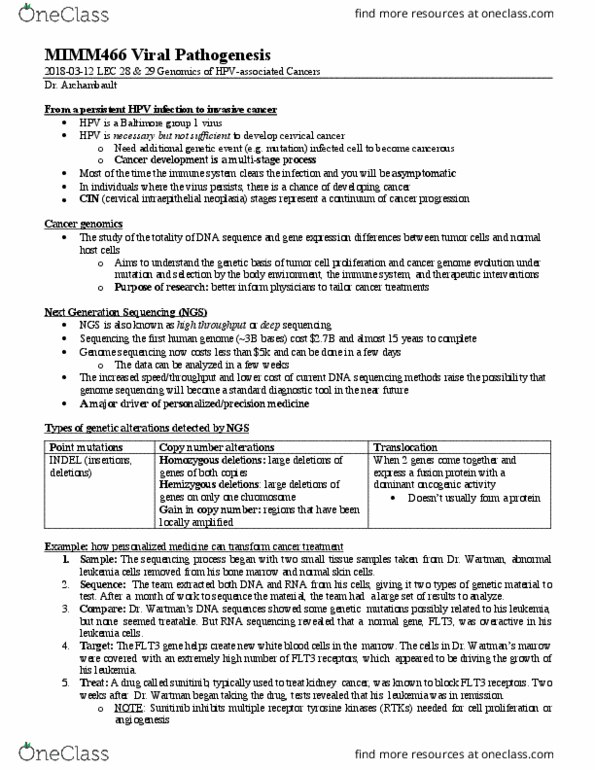 ORGB 423 Lecture Notes - Lecture 8: Cervical Intraepithelial Neoplasia, Exome Sequencing, Cd135 thumbnail