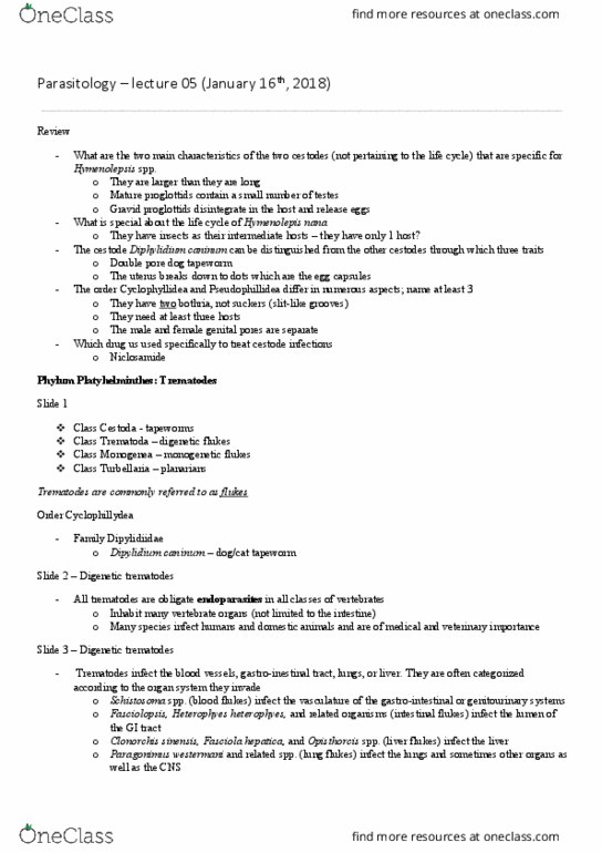 PARA 410 Lecture Notes - Lecture 5: Digenea, Dipylidium Caninum, Fasciolopsis thumbnail