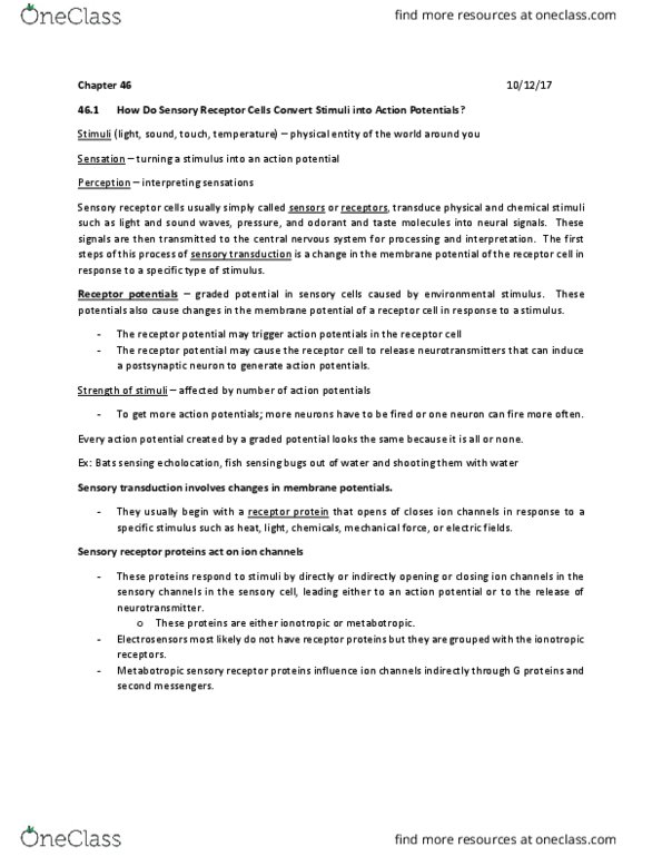 BIO 012 Lecture Notes - Lecture 12: Membrane Potential, Ligand-Gated Ion Channel, Sensory System thumbnail