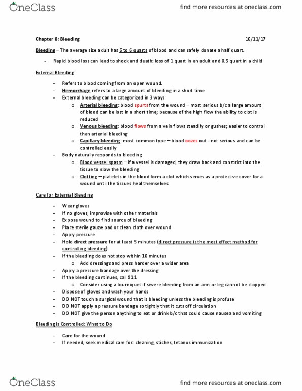 HPR 010 Lecture Notes - Lecture 10: Bandage, Blood Type Personality Theory, Blood Vessel thumbnail