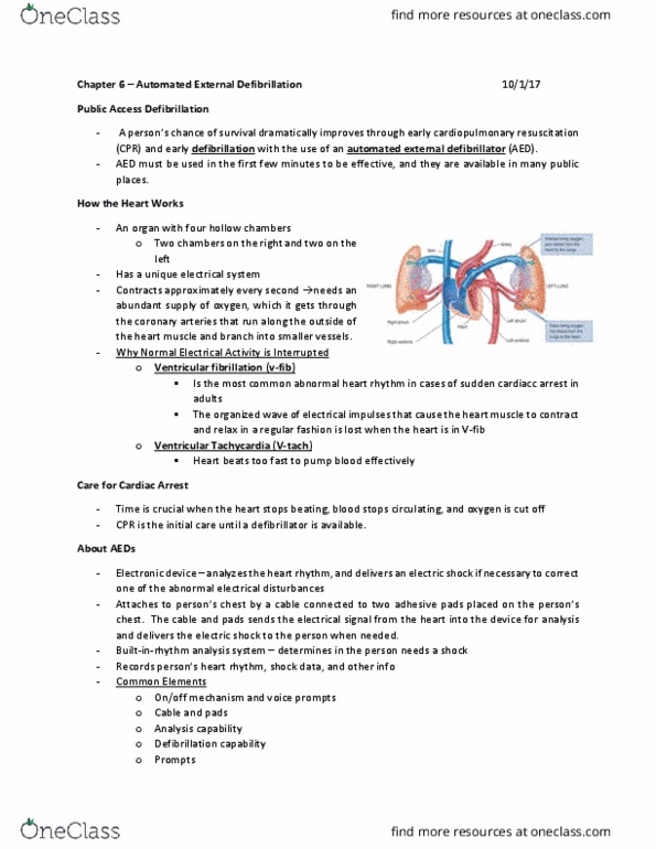 HPR 010 Lecture Notes - Lecture 7: Automated External Defibrillator, Cardiac Arrhythmia, Ventricular Fibrillation thumbnail