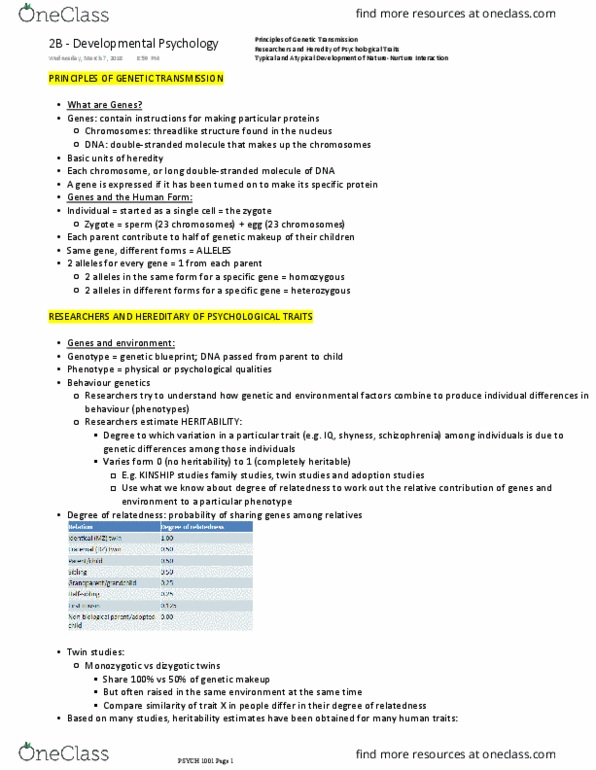 PSYC1001 Lecture Notes - Lecture 4: Twin Study, Monoamine Oxidase A, Heritability thumbnail