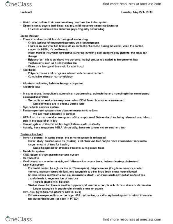 PSYD33H3 Lecture Notes - Lecture 3: Sympathetic Nervous System, Allostatic Load, Anterograde Amnesia thumbnail