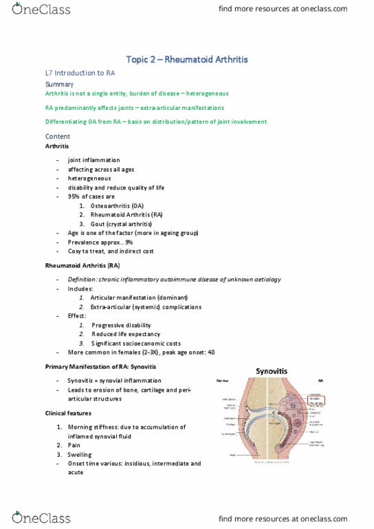 BIOM30002 Lecture Notes - Lecture 7: Rheumatoid Arthritis, Hyaline Cartilage, Synovitis thumbnail