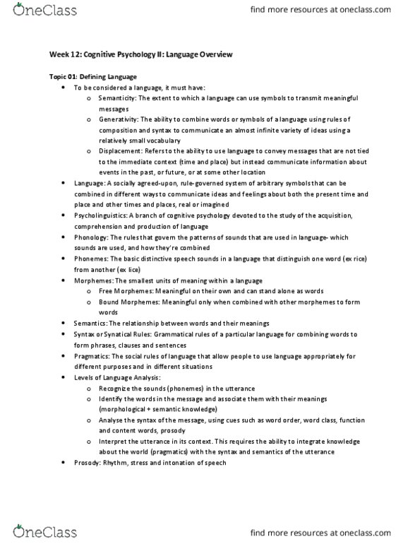 PSYC 100 Lecture Notes - Lecture 12: Part Of Speech, Psycholinguistics, Phoneme thumbnail