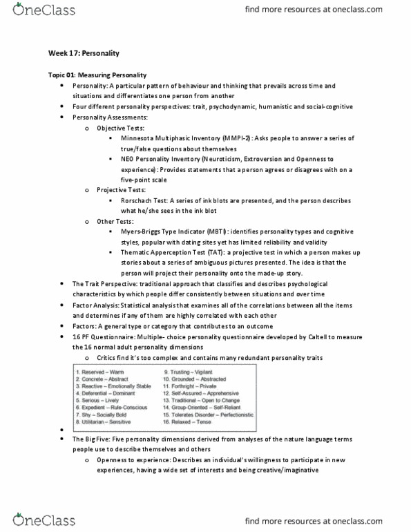 PSYC 100 Lecture Notes - Lecture 17: Thematic Apperception Test, Projective Test, Extraversion And Introversion thumbnail