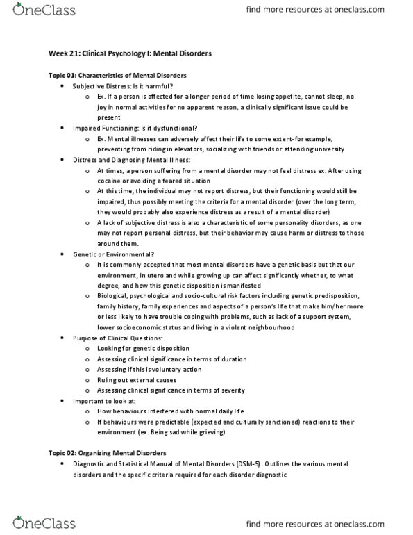 PSYC 100 Lecture Notes - Lecture 21: Mental Disorder, Personality Disorder, Dsm-5 thumbnail