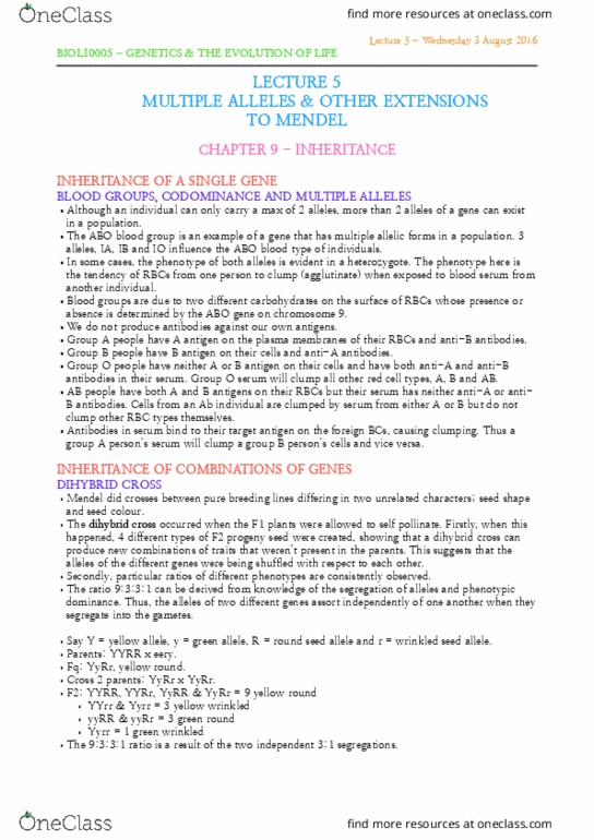 BIOL10005 Lecture Notes - Lecture 5: Dihybrid Cross, Mendelian Inheritance, Abo Blood Group System thumbnail