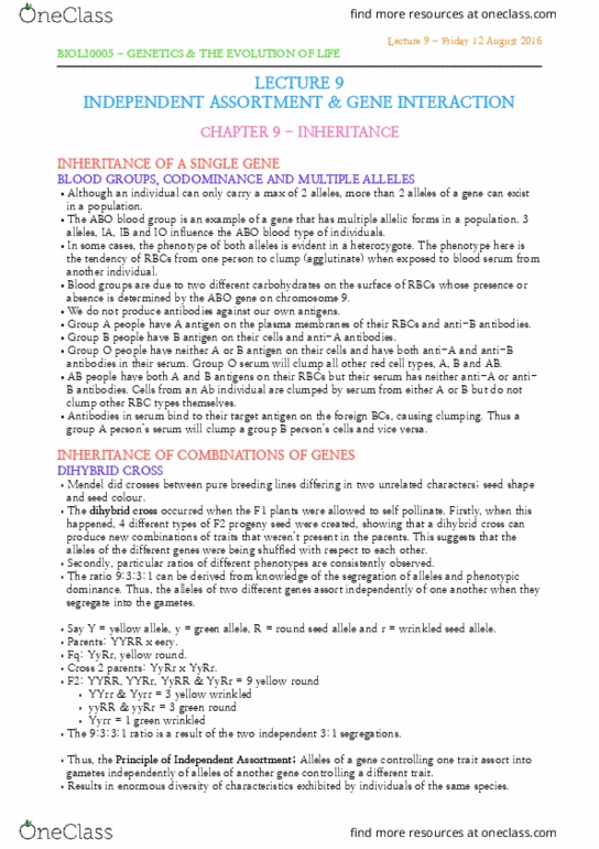 BIOL10005 Lecture Notes - Lecture 9: Mendelian Inheritance, Dihybrid Cross, Abo Blood Group System thumbnail