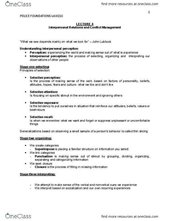 Police Foundations LAW210 Lecture Notes - Lecture 4: Interpersonal Perception, Selective Perception, Uncertainty Reduction Theory thumbnail