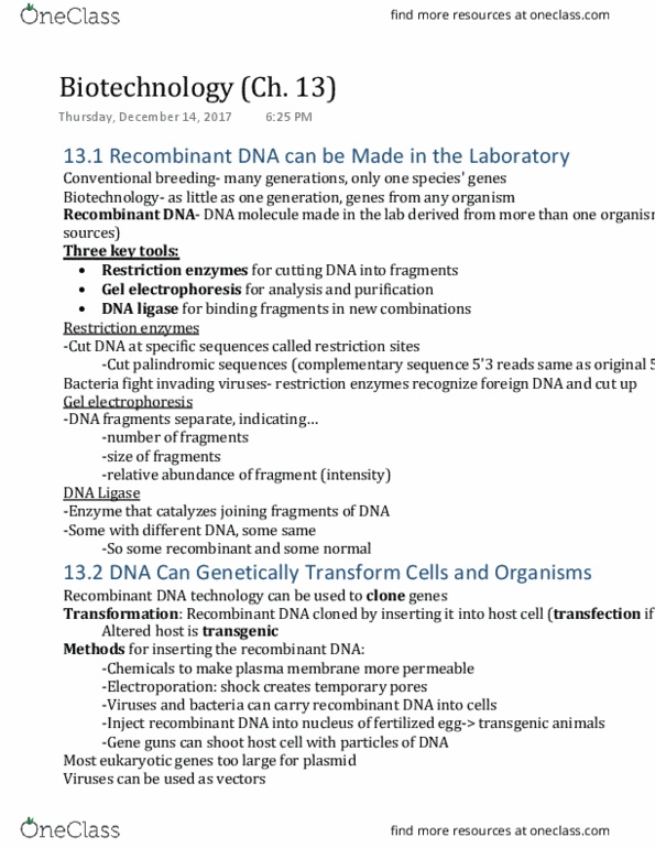 AS.020.151 Chapter Notes - Chapter 13: Gel Electrophoresis, Dna Ligase, Electroporation thumbnail