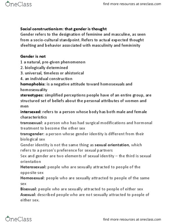 SOCI 1000 Lecture Notes - Lecture 10: Social Constructionism, Gender Identity thumbnail