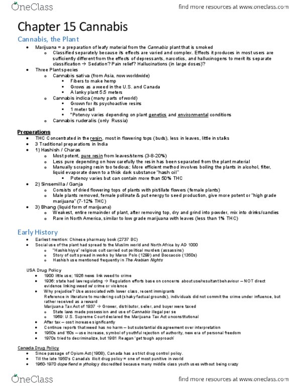 HSCI 180 Chapter Notes -Marihuana Tax Act Of 1937, Cannabis Ruderalis, Cannabinoid Receptor Type 1 thumbnail