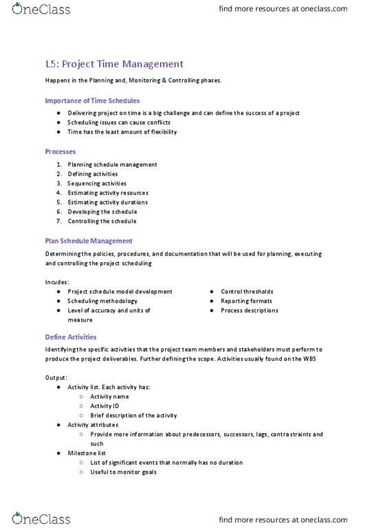 FIT2002 Lecture Notes - Lecture 5: Project Management Software, Smart Criteria, Critical Path Method thumbnail