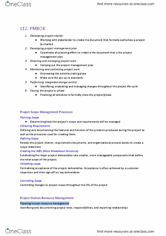 FIT2002 Lecture Notes - Lecture 11: Work Breakdown Structure, Project Plan, Human Resource Management thumbnail