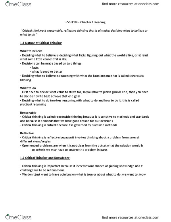 SSH 105 Chapter Notes - Chapter 1-6: Jelly Bean, Critical Thinking, Dependent Clause thumbnail