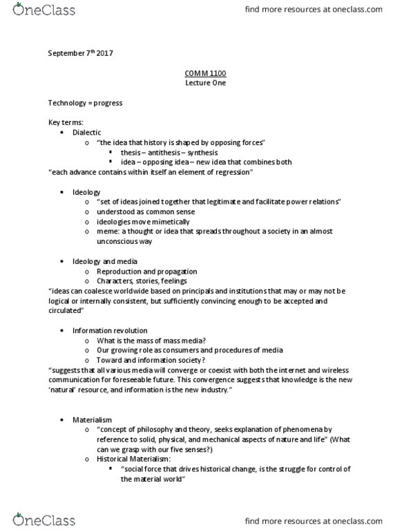 COMM 1100U Lecture Notes - Lecture 1: Information Revolution, Materialism, Subjective Idealism thumbnail