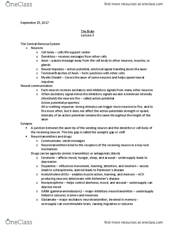 PSYC 1000U Lecture Notes - Lecture 3: Central Nervous System, Insomnia, Acetylcholine thumbnail