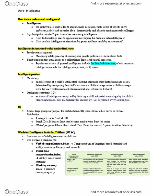 A PSY 203 Lecture Notes - Lecture 13: Intelligence Quotient, William Stern (Psychologist), Mental Age thumbnail