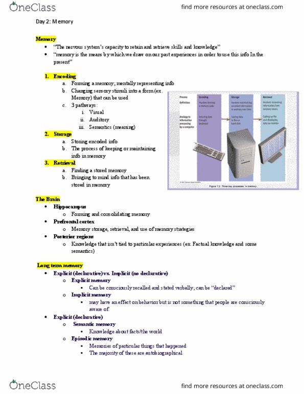 A PSY 203 Lecture Notes - Lecture 12: Autobiographical Memory, Semantic Memory, Implicit Memory thumbnail