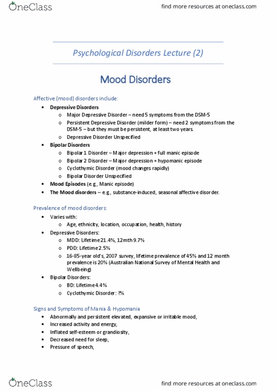 PSYC104 Lecture Notes - Lecture 10: Seasonal Affective Disorder, Mania, Bipolar Disorder thumbnail