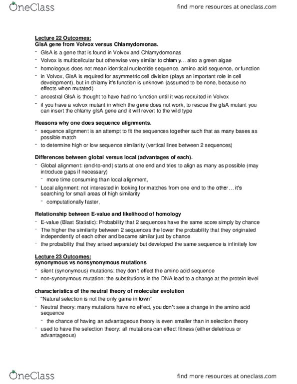 Biology 1002B Lecture Notes - Lecture 11: Asymmetric Cell Division, Volvox, Neutral Mutation thumbnail