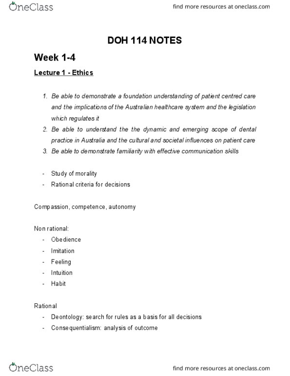 DOH124 Lecture Notes - Lecture 1: Patient Participation, Deontological Ethics, Consequentialism thumbnail